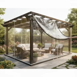 An illustration showing how a clear tarp for patio can easily roll up for quick ventilation.