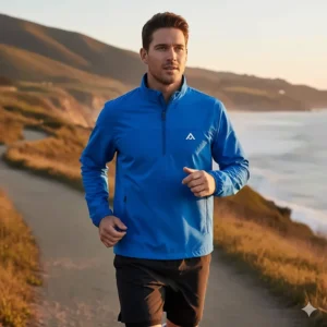 Male runner wearing a bright blue quarter zip windbreaker during an outdoor morning run.