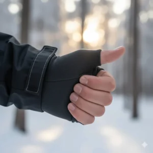 Close-up of the articulated cuff with thumbholes on the men's running jacket for extra hand warmth.