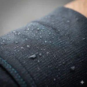 Close-up of the moisture-wicking fabric on a technical running sweater for comfort.
