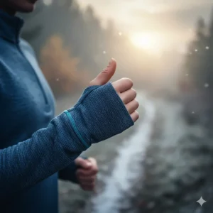 Detail of the thumb-holes on a running sweater cuff to keep sleeves secure and hands warm.