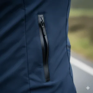 Detail shot of a sealed, waterproof zipper on a pocket of a premium cycling jacket.