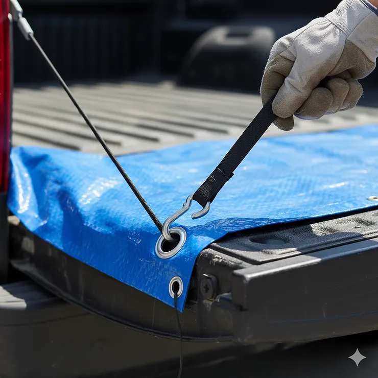 Hand stretching a black rubber tarp strap to hook into a tarp grommet on a pickup truck bed.