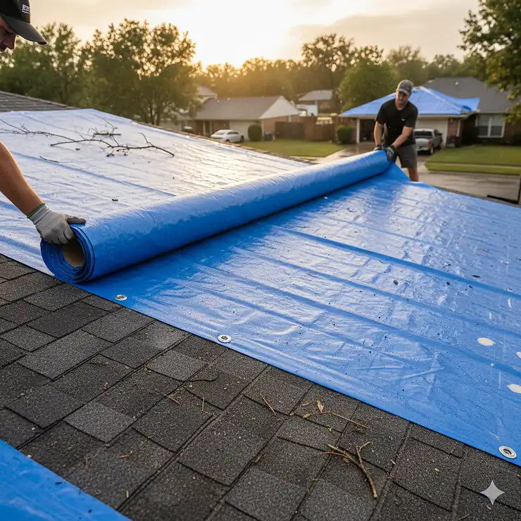 A large, durable blue self adhesive roof tarp being unrolled to cover a section of damaged shingles after a storm.