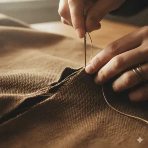 An illustration showing a needle and heavy-duty thread being used to sew a large tear on a brown canvas tarp.