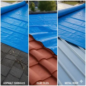 Image collage showing the self adhesive roof tarp adhering successfully to various surfaces: metal, tile, and asphalt shingles.