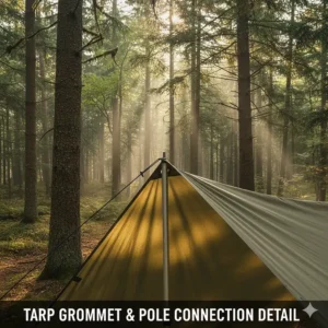 Detailed view of the tarp's reinforced grommet connecting securely with the tip of a metal tarp pole.