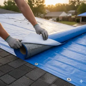 Close-up illustration showing a worker peeling the release liner off the edge of the self adhesive roof tarp to expose the strong adhesive.