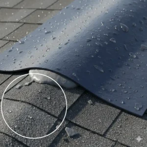Diagram showing a successful installation where the self adhesive roof tarp forms a watertight seal over broken asphalt shingles.