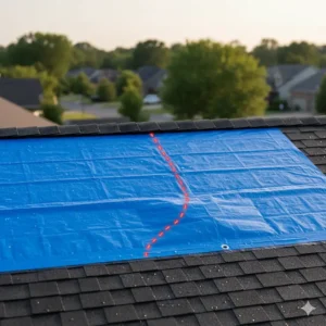 Graphic of a house roof with a dotted line indicating a leak, covered securely by a temporary self adhesive roof tarp repair.
