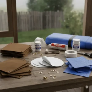 Illustration showing an assortment of patches and adhesives for vinyl, canvas, and poly tarps included in a versatile tarp repair kit.