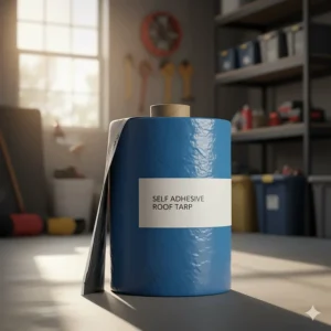 Image of a compact, new roll of the self adhesive roof tarp product, emphasizing its ease of storage and transport.