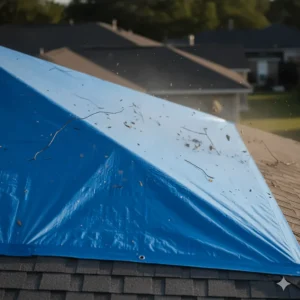 Illustration demonstrating the tarp's high wind resistance, showing the strong perimeter adhesive holding the self adhesive roof tarp down during a simulated 110 mph wind test.
