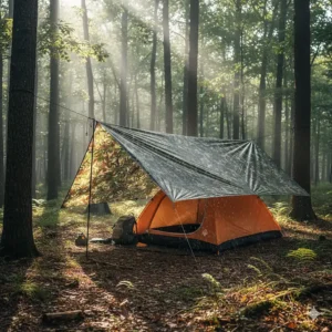 Large camouflage tarp rigged as a rain fly over a camping tent for maximum weather protection.