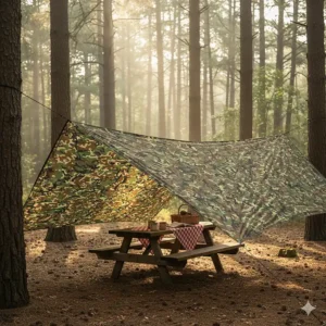Camouflage tarp strung between trees providing a discreet sun shade for a picnic area.