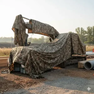 Construction site equipment covered with a durable camouflage tarp to deter theft and blend in.