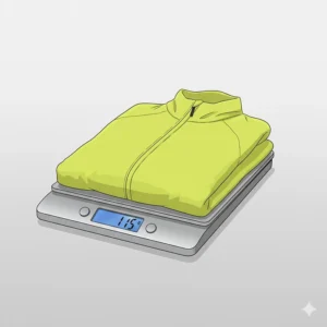 An ultralight packable rain jacket being weighed on a digital scale, emphasizing its low weight for cycling.