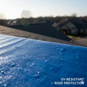 Photo of the long-lasting, UV-resistant material of the self adhesive roof tarp, designed for temporary sun and weather protection.