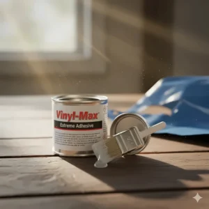A small can of specialized vinyl cement adhesive with a brush-cap, an essential component of the tarp repair kit.