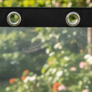 Detail shot of the durable, UV-resistant clear vinyl tarp material commonly used for outdoor patios.