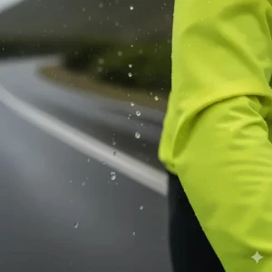 Water beading up on the durable water-repellent (DWR) coating of the water-resistant wind jacket during a light rain shower.