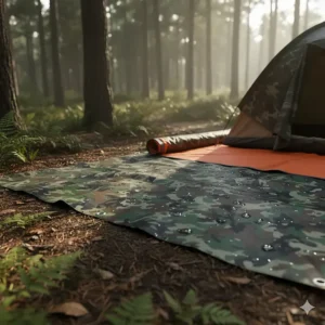 Waterproof camouflage tarp laid on the forest floor, used as a tent groundsheet for moisture barrier.