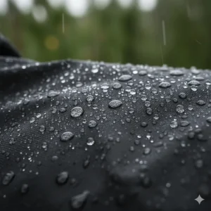 Close-up showing how water beads and rolls off a high-quality waterproof cycling jacket.