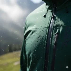 Close-up of the waterproof membrane on a high-performance hiking jacket for men.