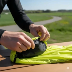 A model folding a waterproof cycling gilet (another term for bike vest) into its small integrated pouch for easy storage.
