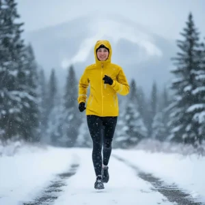 A vibrant yellow waterproof running jacket worn by a woman jogging in light snow, highlighting protection from winter elements.