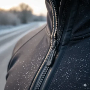 Close-up of a sealed, waterproof full-length zipper on a protective cycling winter jacket.