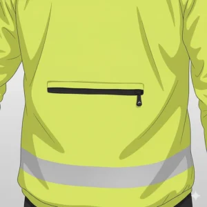 Detail of a waterproof zipper and a secure, easily accessible rear pocket on the best packable cycling rain jacket.