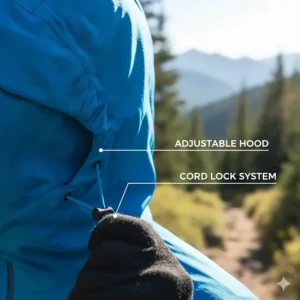 Illustration detailing the adjustable drawstring hood and cord locks on the versatile packable windbreaker for a secure fit.
