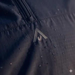 Close-up texture of the water-resistant fabric of a lightweight quarter zip windbreaker.