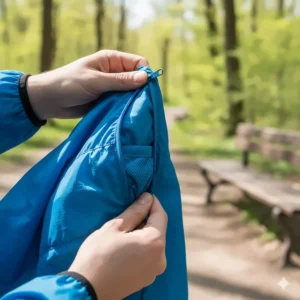 Close-up illustration of the lightweight packable windbreaker being easily folded and stowed into its own compact self-storage pocket.