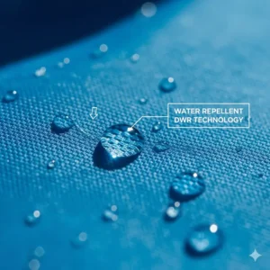 Detailed illustration of a water droplet beading up and rolling off the durable water repellent (DWR) fabric of the packable windbreaker.