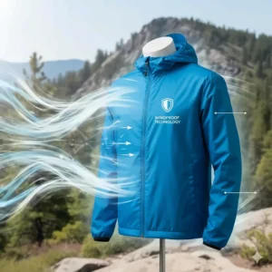 Graphic illustration showing the windproof material of the packable windbreaker effectively blocking strong air currents to maintain comfort.