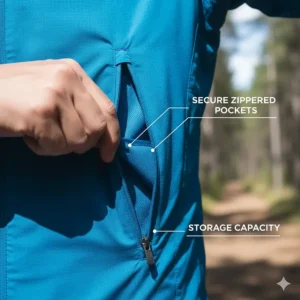 Focus on the secure zippered hand and chest pockets of the packable windbreaker, highlighting storage capacity.