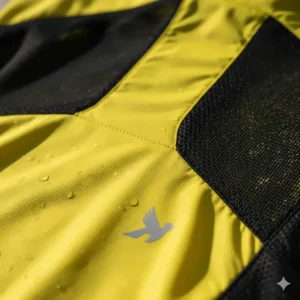 Close-up of the windproof fabric and breathable mesh panels on the back of the jacket.