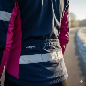 Showing the highly reflective details on the back pockets of a women's winter cycling jacket for safety.