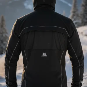 Back view of the men's running jacket showing the targeted ventilation panel for temperature regulation.