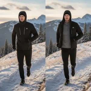 Display of the men's thermal running jacket versatility, shown in both fully zipped and half-zip modes.