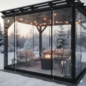 A cozy, winterized patio area protected by a thick clear tarp, keeping the space warm.