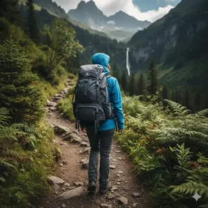Back view of a woman wearing a breathable hiking jacket over a backpack while trekking a mountain.