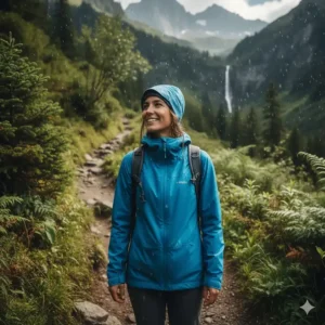 A smiling woman testing the durability of her waterproof hiking jacket while walking in the rain.
