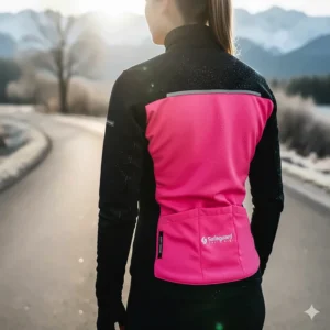 Stylish pink and black women's specific cycling winter jacket designed for optimal fit and performance.
