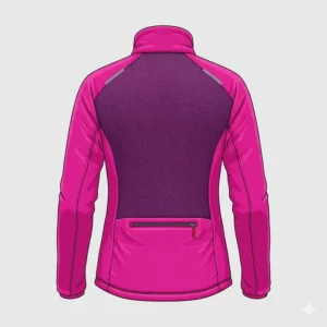 Back view of a women's insulated running jacket highlighting the breathable mesh panel and zipper pocket.