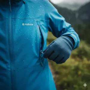 Detail shot showing the sealed, water-resistant zippers on the pockets of the hiking jacket for women.