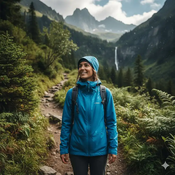 A woman wearing a waterproof hiking jacket in a bright blue color, standing on a scenic trail.