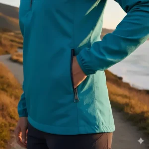 Zippered side pockets detail on a women's quarter zip windbreaker for secure storage.
